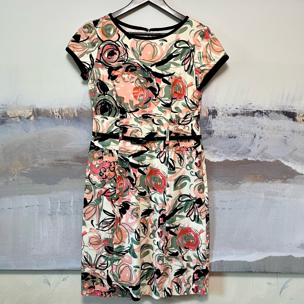 MADISON LEIGH Abstract Floral Sheath Dress Size 6 Belted Midi Stretch Cap Sleeve